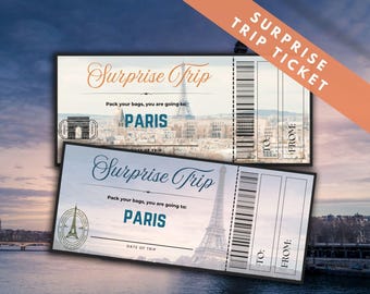 May include: A printable surprise trip ticket with a Parisian theme. The ticket says "Surprise Trip" and "Pack your bags, you are going to Paris".