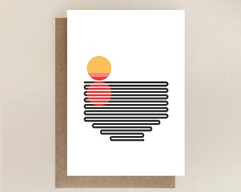 May include: Abstract art print with a red and yellow circle on top of a black and white striped design.