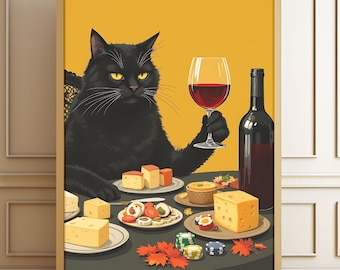 Black Cat Wine and Cheese-kunstprint, vintage stijl (digitale download)