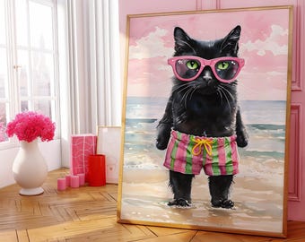 Funny Black Cat Beach Art, Summer Vibes Poster (Digital Download)