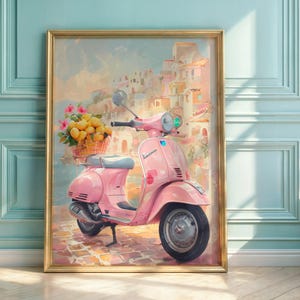 Pink Scooter Wall Art, Mediterranean Village Poster, Italian Printable, Coastal Decor, Vintage Travel Art, Summer Wall Art, Italia Decor
