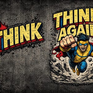May include: Graphic design featuring the words "THINK" and "THINK AGAIN" in yellow, red, and blue comic book style lettering. The second image shows a superhero in a blue and yellow suit with a red cape, punching forward.
