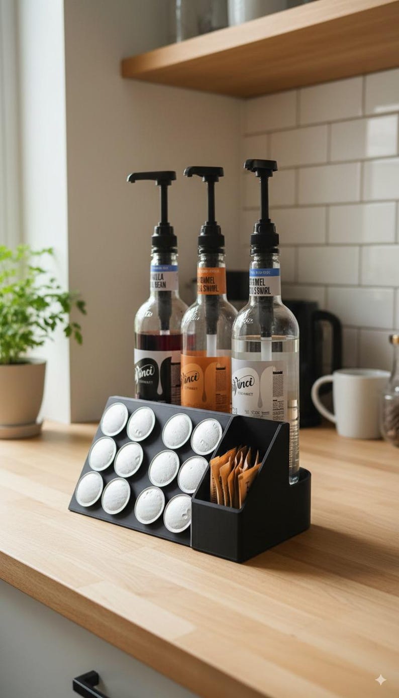 Coffee organizer station for pods and syrups