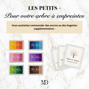 Peut inclure: Plusieurs tampons encreurs colorés et petits paquets. Les tampons encreurs sont rectangulaires avec de l'encre arc-en-ciel, bleue, rose, violette, verte et marron. Les paquets ont un motif d'arbre et du texte.