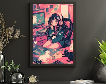 Lofi girl, gamer aesthetic, cozy room, anime art, kawaii cat, pastel colors, gaming setup, cozy vibes, cat lover, desk setup, gamer girl art