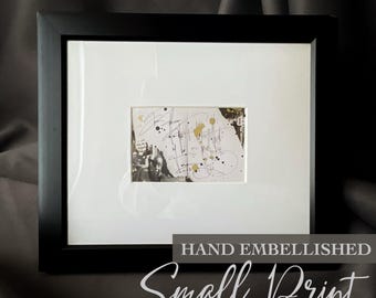Abstract Collage Mini Art Print – Limited Edition Vintage Ephemera & Asemic Writing – Small Black, Gold and Beige Mixed Media Wall Art