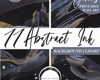 Printable Abstract Wall Art –Black White Grey Gold Digital Clipart Backgrounds for Invitations, Scrapbooking, Junk Journals, Graphic Design