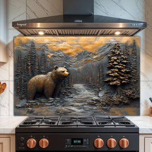 Bear Mountain Tempered Glass Kitchen Backsplash: Rustic Lodge Decor