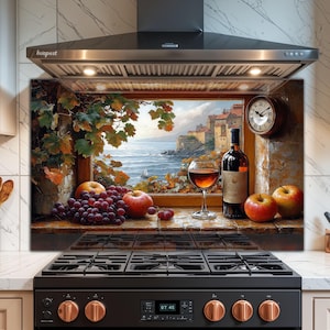 Vineyard View Tempered Glass Backsplash: Mediterranean Kitchen Decor
