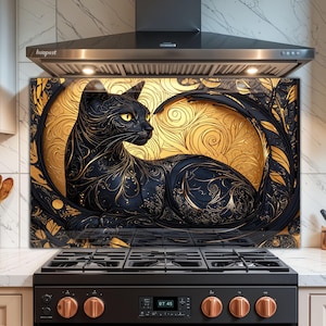 Salpicadero de cocina de vidrio templado con diseño de gato negro y remolino dorado