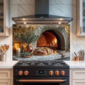 May include: A kitchen backsplash featuring a stone oven with a fire burning inside. A loaf of bread sits in front of the oven, with a copper vase, candle, and bottle on the counter. The stove below has black burners and copper-colored knobs.