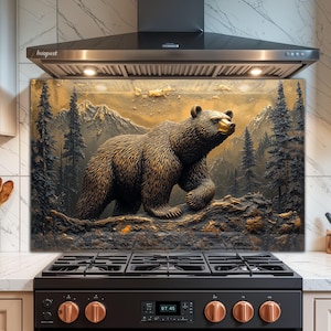 Dosseret de cuisine en verre trempé Bear : cache-poêle forestier rustique en montagne