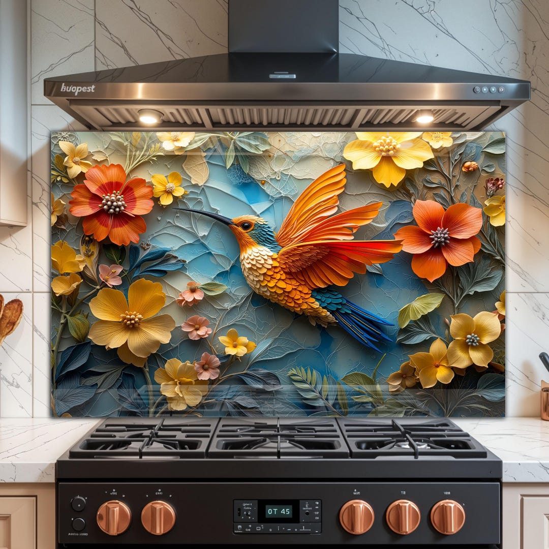 Hummingbird Tempered Glass Kitchen Backsplash: Tropical Floral Stove ...