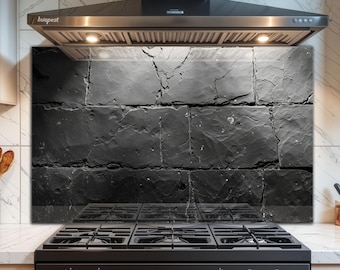 Charcoal Black Stone Tempered Glass Kitchen Backsplash: Industrial Modern Design