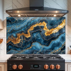 Blue Agate Tempered Glass Backsplash: Geode Marble Kitchen Panel