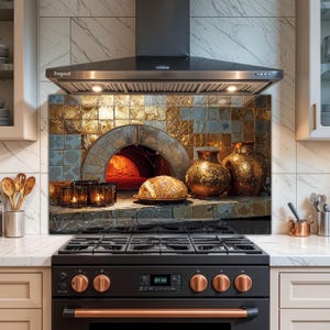 May include: A kitchen with a black stove and copper details, a range hood, and a backsplash with a brick oven. A loaf of bread on a plate, decorative vases, and lit candles are also visible.