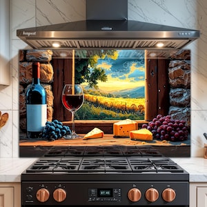 Wine & Fruit Tempered Glass Kitchen Backsplash: Vintage Vineyard Scene