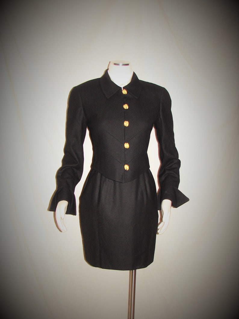 Stunning Black Cashmere Blend Wool Suit by Carlisle Small Circa 1990/'s