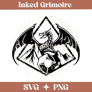 May include: Black and white dragon illustration with the text "Inked Grimoire". The dragon is inside a diamond shape, with mountains and a crystal. The image also includes "SVG" and "PNG" text.