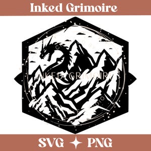 May include: Black and white graphic design featuring a dragon silhouette over a mountain range, within a hexagonal frame. The text "Inked Grimoire" is at the top, with "SVG" and "PNG" at the bottom.