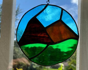 Sunny day mountains in stained glass