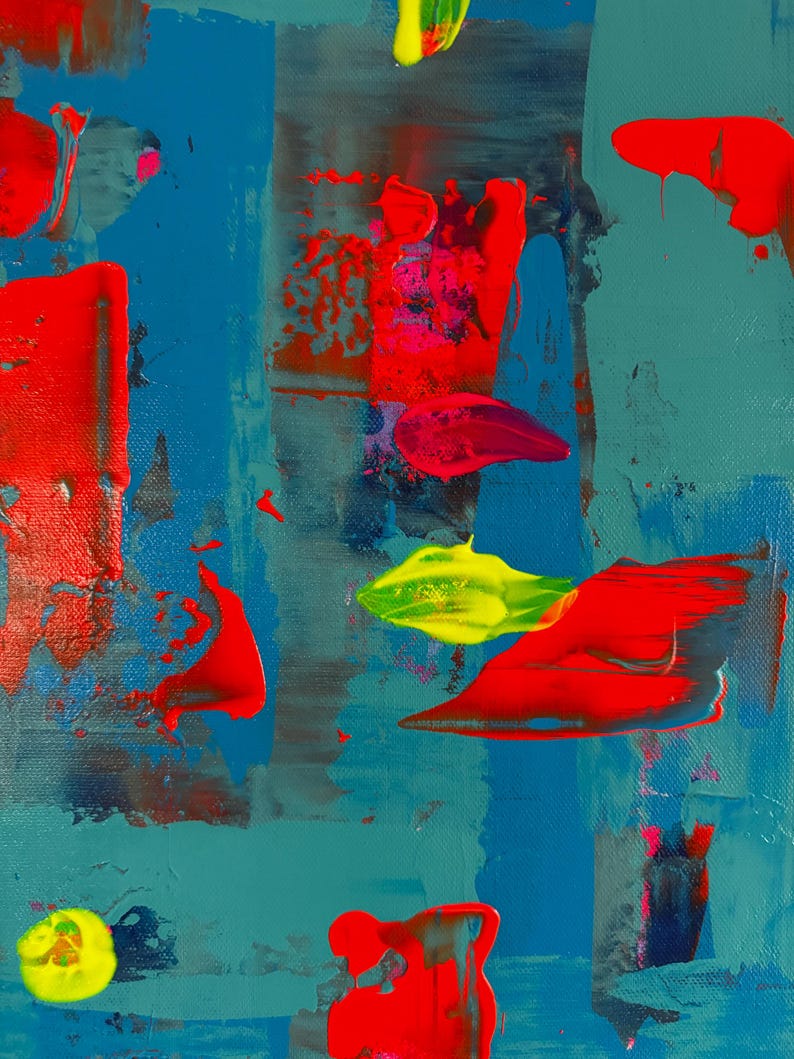 Puede incluir: Pintura abstracta acr&iacute;lica con un fondo azul verdoso y azul. Atrevidos trazos de pintura roja, amarilla y rosa crean una composici&oacute;n din&aacute;mica. La obra de arte presenta una superficie texturizada, mostrando la expresiva pincelada del artista.