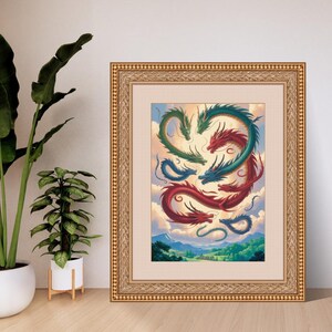 Arte mural de dragón chino - Regalo para amantes de los dragones - Arte de dragón chino de dibujos animados en acuarela - Póster de dragón chino - Arte de dragones en espiral