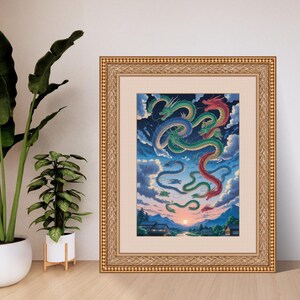 Arte mural de dragón chino - Regalo para amantes de los dragones - Arte de dragón chino de dibujos animados en acuarela - Póster de dragón chino - Arte de dragones en espiral