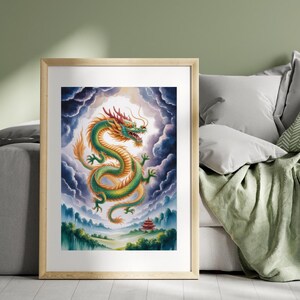 Arte mural de dragón chino - Regalo para amantes de los dragones - Arte de dragón chino de dibujos animados en acuarela - Póster de dragón chino - Póster de acuarela