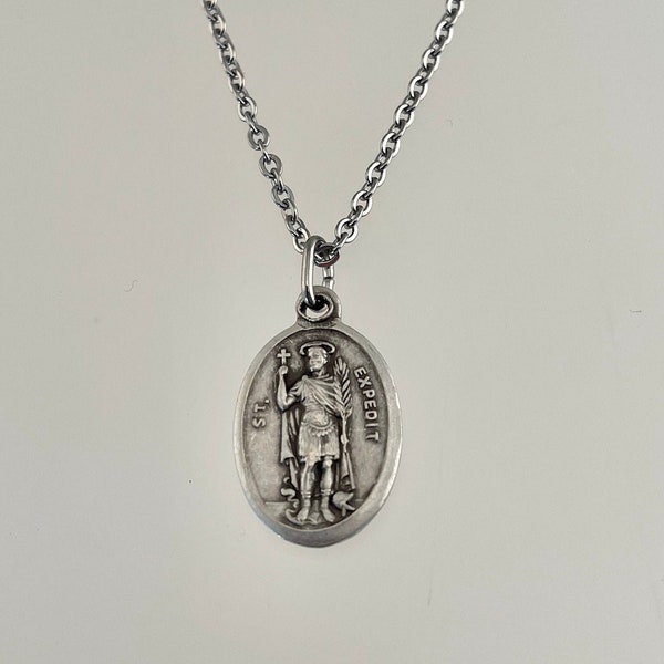 Saint Expedit Expeditus and Guardian Angel Medal Necklace