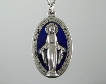 Extra Large Blue Miraculous Medal Necklace