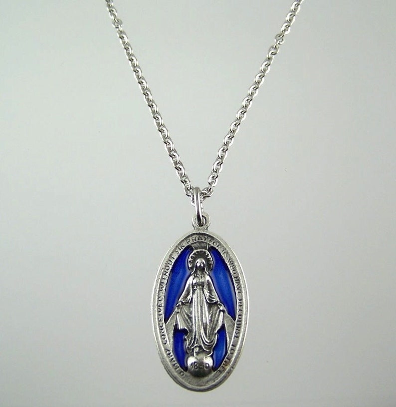 Large Blue Miraculous Medal Necklace 画像 1