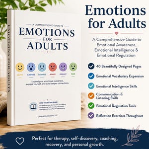 Könnte beinhalten: Ein weißes Buch mit dem Titel A Comprehensive Guide to Emotions for Adults mit dunkelblauem Buchrücken und Text auf dem Einband. Das Cover zeigt sechs farbige kreisförmige Symbole für Freude, Überraschung, Traurigkeit, Wut, Ekel und Angst.