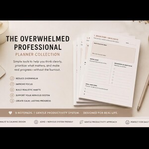 May include: A stack of white notepads with a pen and a candle. The text on the notepads reads "THE OVERWHELMED PROFESSIONAL PLANNER COLLECTION". The notepads are designed to help users think clearly, prioritize tasks, and make progress.