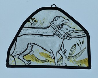 Hunting dogs, reproduction stained glass