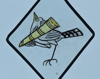 Medieval Bird with Trumpet, reproduction stained glass