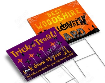 Trick or Treat Look Down At Your Feet and Best Woodshire Halloween Yard Yard Sign 18”x24”, 2 Sided, Ghost Scary Fun Lawn Sign, iWantMyStyles