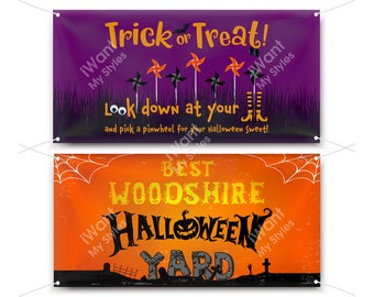 Trick or Treat Look Down At Your Feet and Best Woodshire Halloween Yard Banner, Vinyl Banner, Happy Ghost Scary Pumpkin Sign, iWantMyStyles