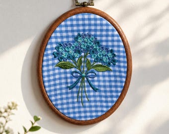 Blue Hydrangea Embroidery Hoop Art, Gingham Floral Wall Decor, Cottagecore Handmade Hoop, Coquette Bow Nursery Decor
