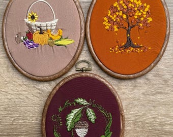 Set of 3 Fall Embroidery Hoops | Autumn Harvest | Fall Tree & Acorn Rustic Wall Art