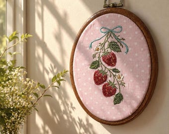 Pink Polka Dot Strawberry Embroidery Hoop | Cottagecore Wall Decor | Handmade Floral Art | Vintage Embroidery Hoop