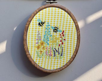 Bumblebee & Wildflower Embroidery Hoop Art | Yellow Gingham Cottagecore Decor
