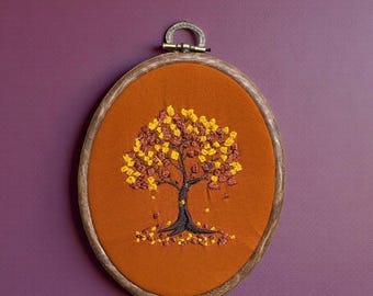 Embroidered Fall Tree Hoop | Burnt Orange Cotton, Autumn Leaves | Rustic Farmhouse & Cottagecore Wall Art