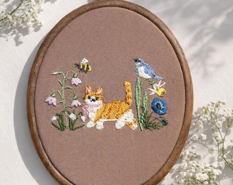 Orange Tabby Cat Embroidery Hoop | Wildflower, Bluebird, Bee Scene (Ready to Hang)