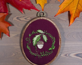 Embroidered Acorn & Vines Hoop | Deep Plum Fabric, Rustic Fall Wall Art | Cottagecore Farmhouse Decor