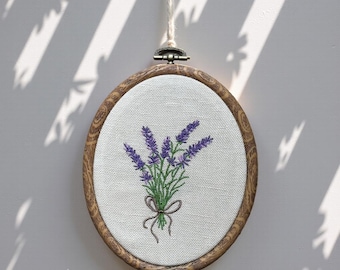 Lavender Bouquet Embroidery Hoop Art | Cottagecore Floral Wall Decor | Natural Farmhouse Rustic Aesthetic | Vintage-Inspired Oval Frame
