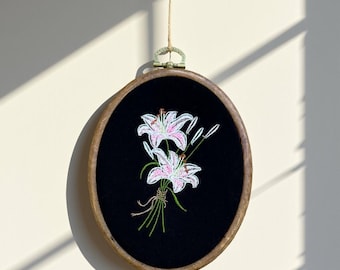 Black Floral Oval Embroidery Hoop | Pink & White Lily bouquet | Vintage Floral Wall art | Gothic Cottagecore Decor | Handmade Art