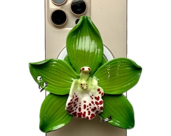 Groene orchidee telefoongreep | Magnetische telefoonstandaard | Bloem van polymeerklei voor iPhone