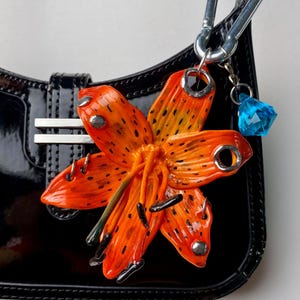 Lily Flower Bag Charm: Sculptural Floral Keychain, Handmade Polymer Clay