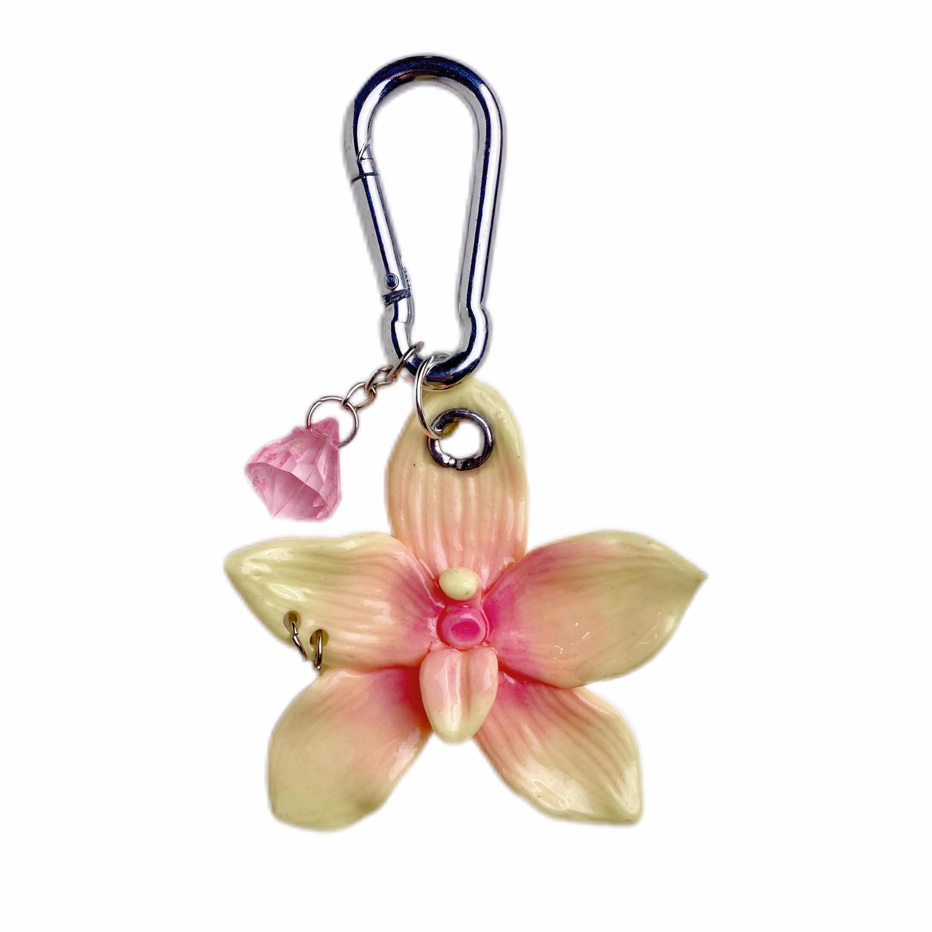 Handmade Orchid Bag Charm – Polymer Clay Flower Keychain With